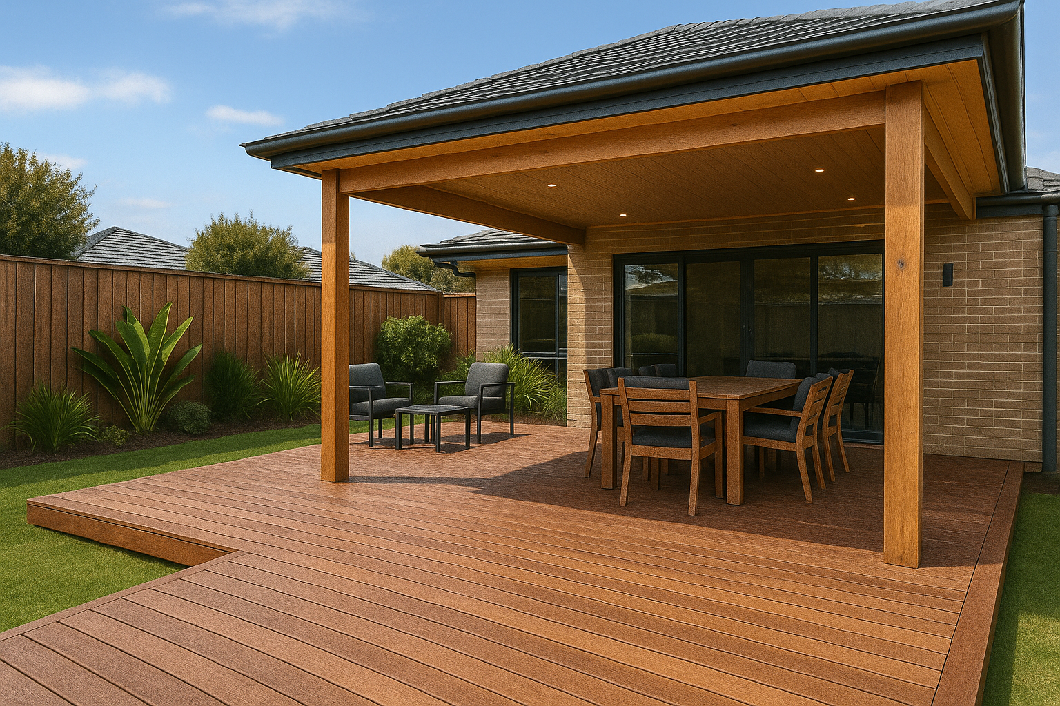 Modern timber deck with pergola and outdoor entertaining area
